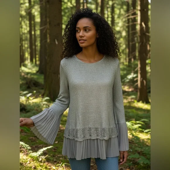 Sioni Women’s Large Sequin Layered Pleat Trim Pullover Sweater Twee Pop Beige - Picture 1 of 12